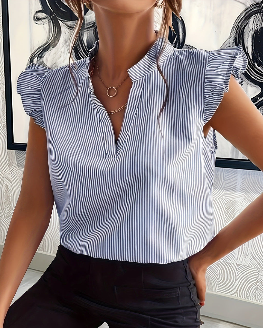 Pleated Stripe Flutter Sleeve Blouse - Blue
