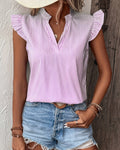Pleated Stripe Flutter Sleeve Blouse - Pink
