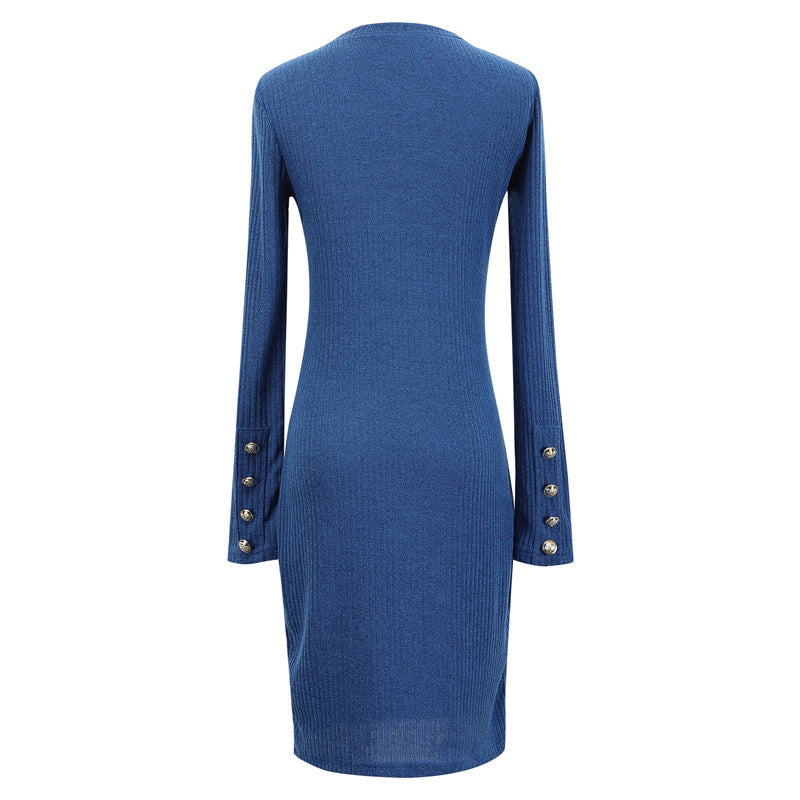 Long Sleeve Bodycon Sweater Mini Dress - Navy - 3