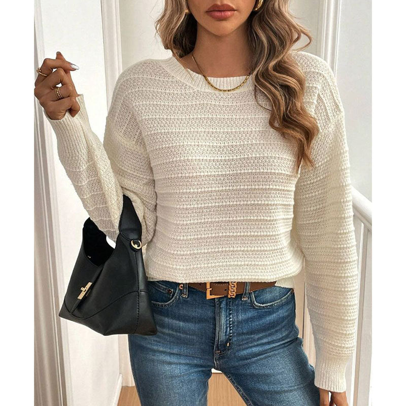 Tie Back Textured Stripe Knit Sweater - Apricot - 3