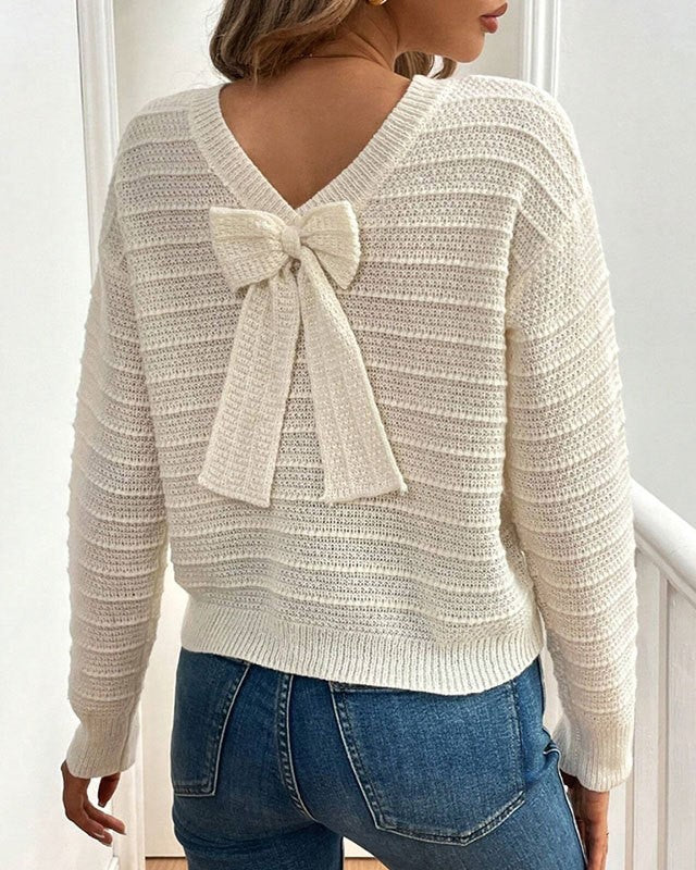 Tie Back Textured Stripe Knit Sweater - Apricot - 4