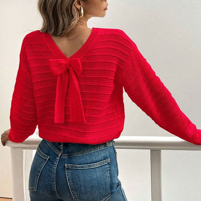 Tie Back Textured Stripe Knit Sweater - Red
