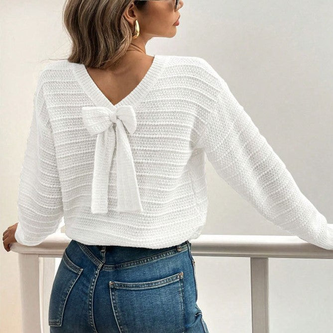 Tie Back Textured Stripe Knit Sweater - White