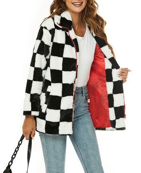 Checkerboard Faux Fur Lapel Collar Coat - Black