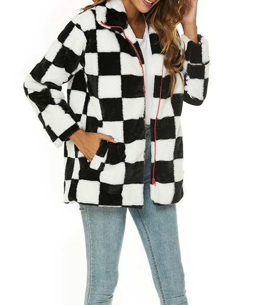 Checkerboard Faux Fur Lapel Collar Coat - Black - 2