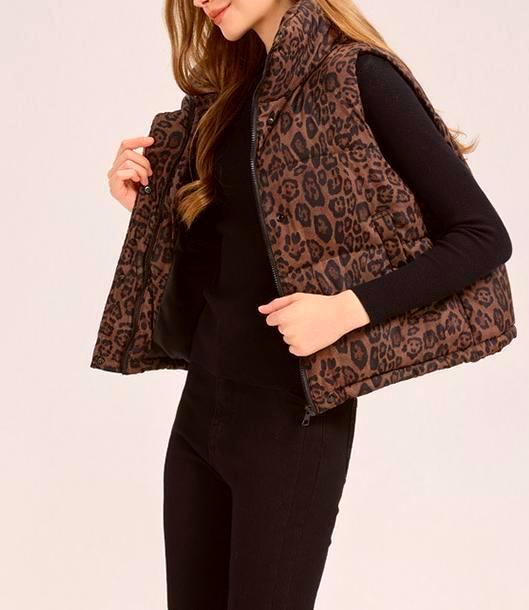 Quilted Puffer Vest Reversible Leopard Print - Brown