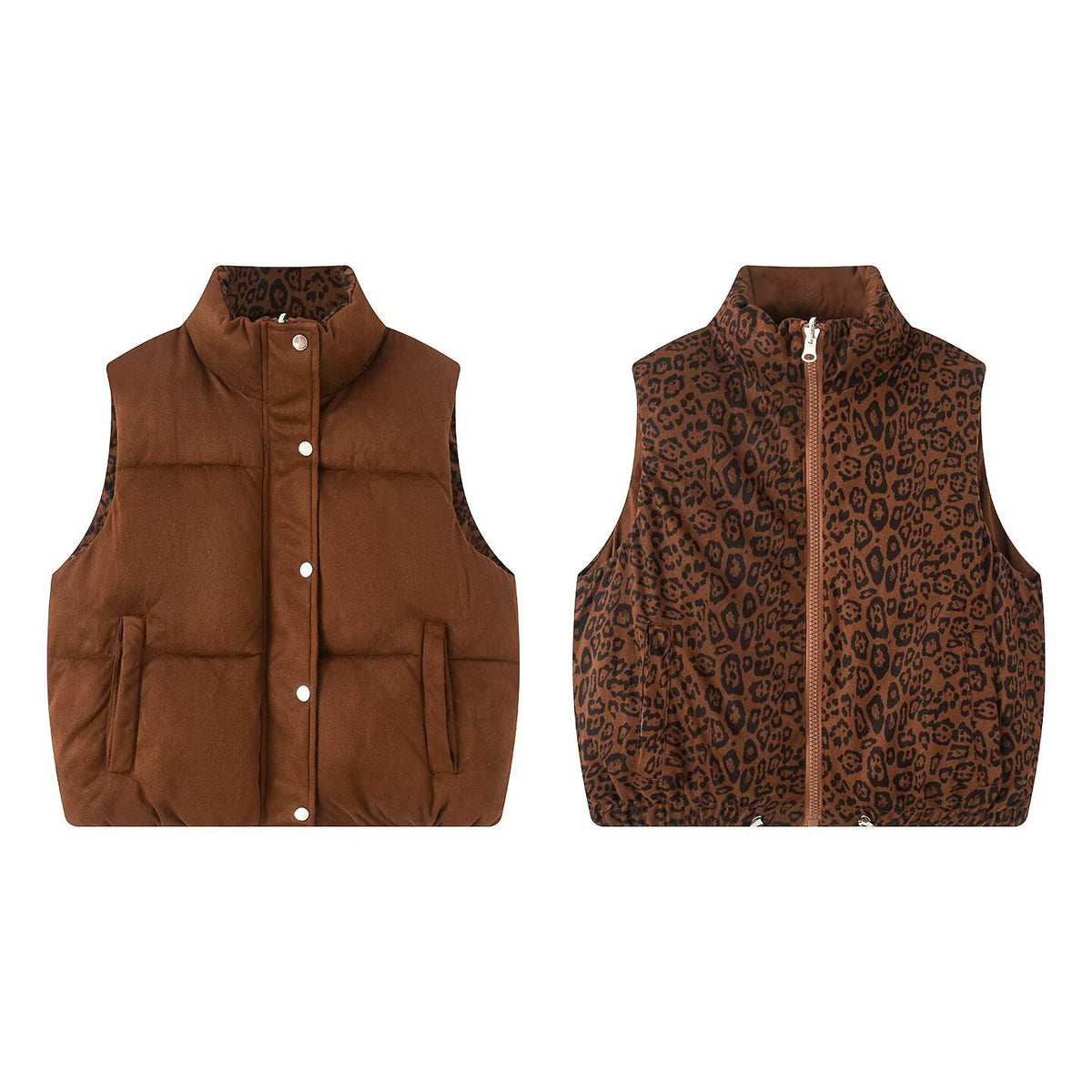 Quilted Puffer Vest Reversible Leopard Print - Brown - 1