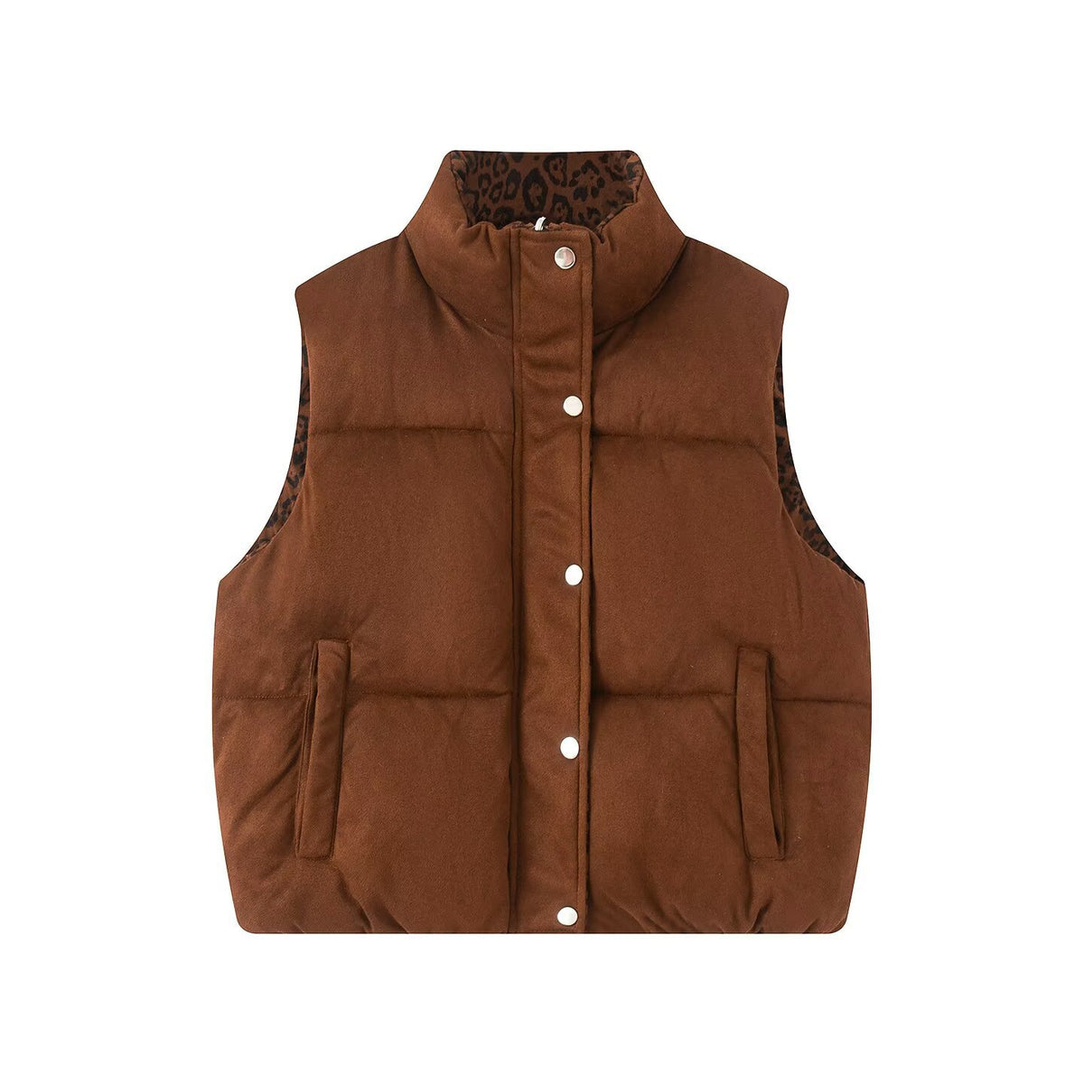 Quilted Puffer Vest Reversible Leopard Print - Brown - 3