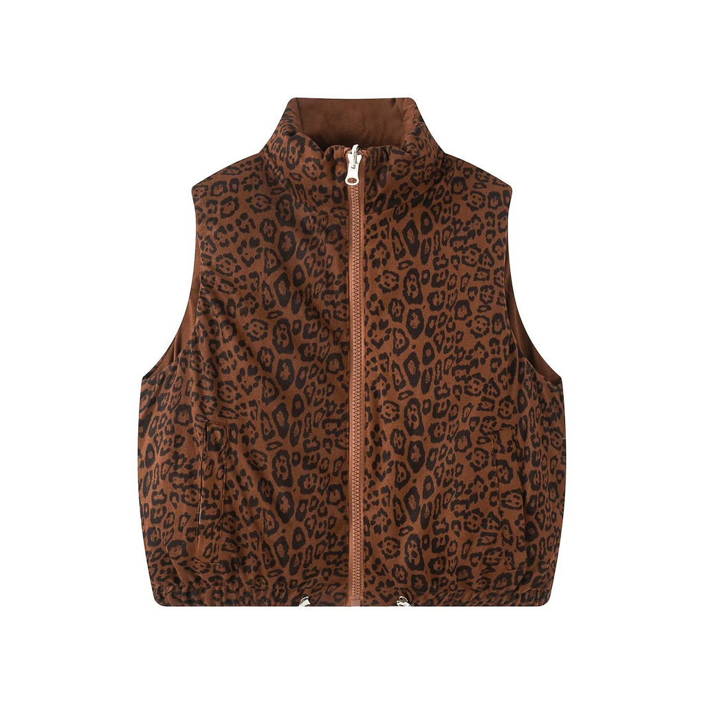 Quilted Puffer Vest Reversible Leopard Print - Brown - 4