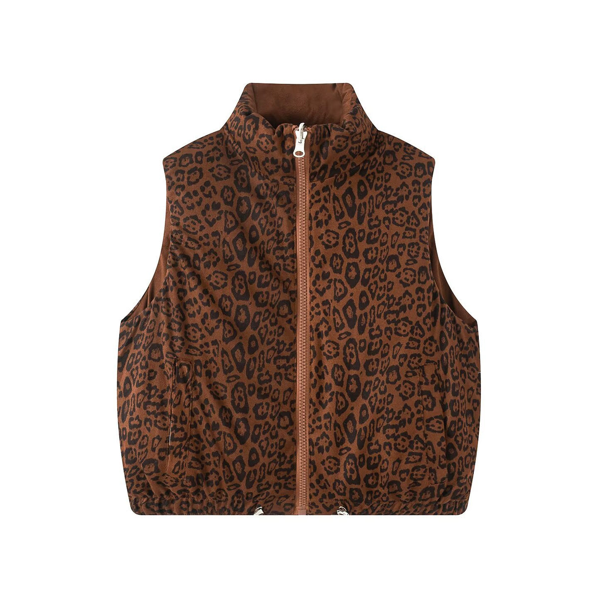 Quilted Puffer Vest Reversible Leopard Print - Brown - 4