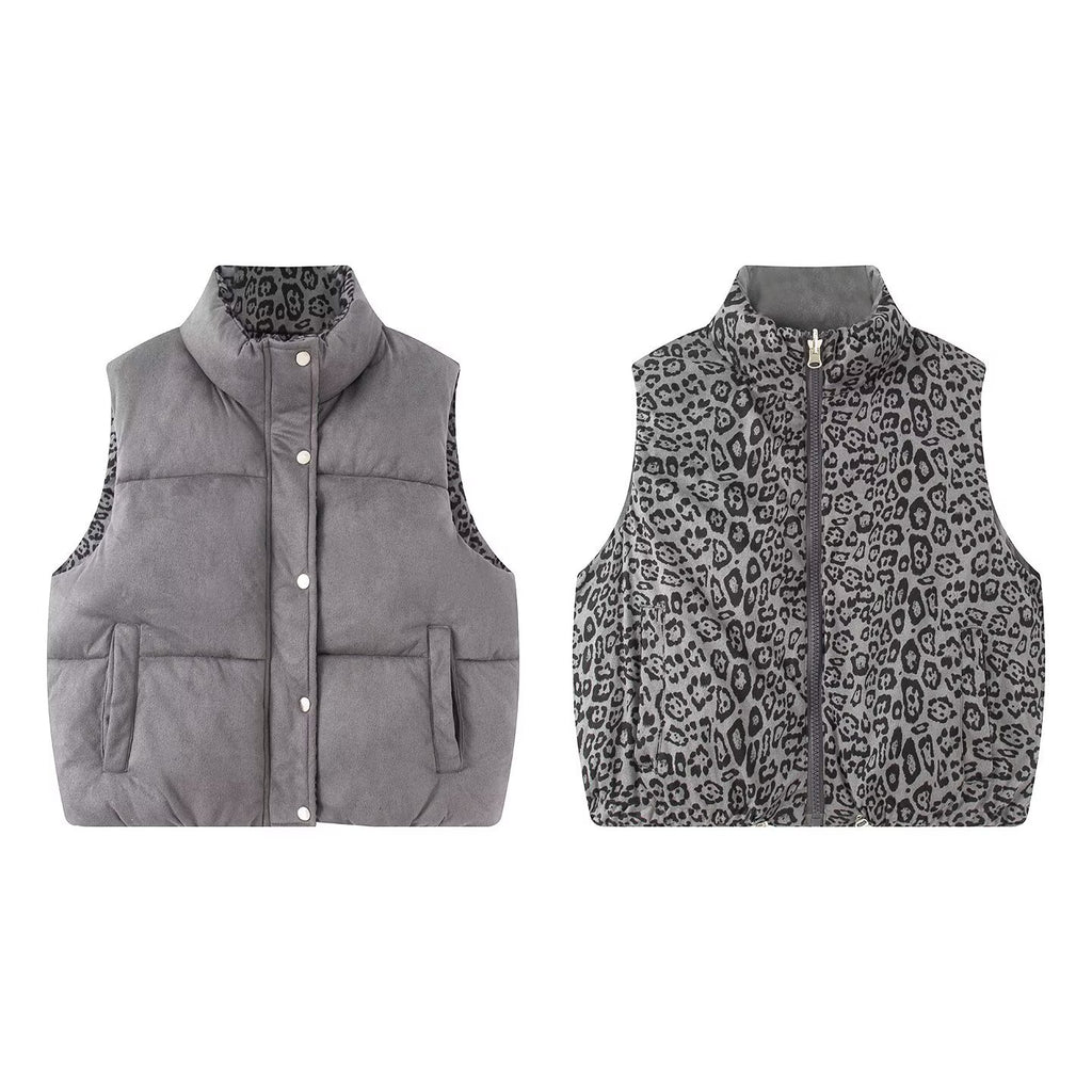 Quilted Puffer Vest Reversible Leopard Print - Grey