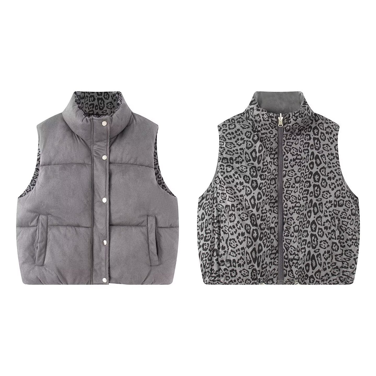 Quilted Puffer Vest Reversible Leopard Print - Grey
