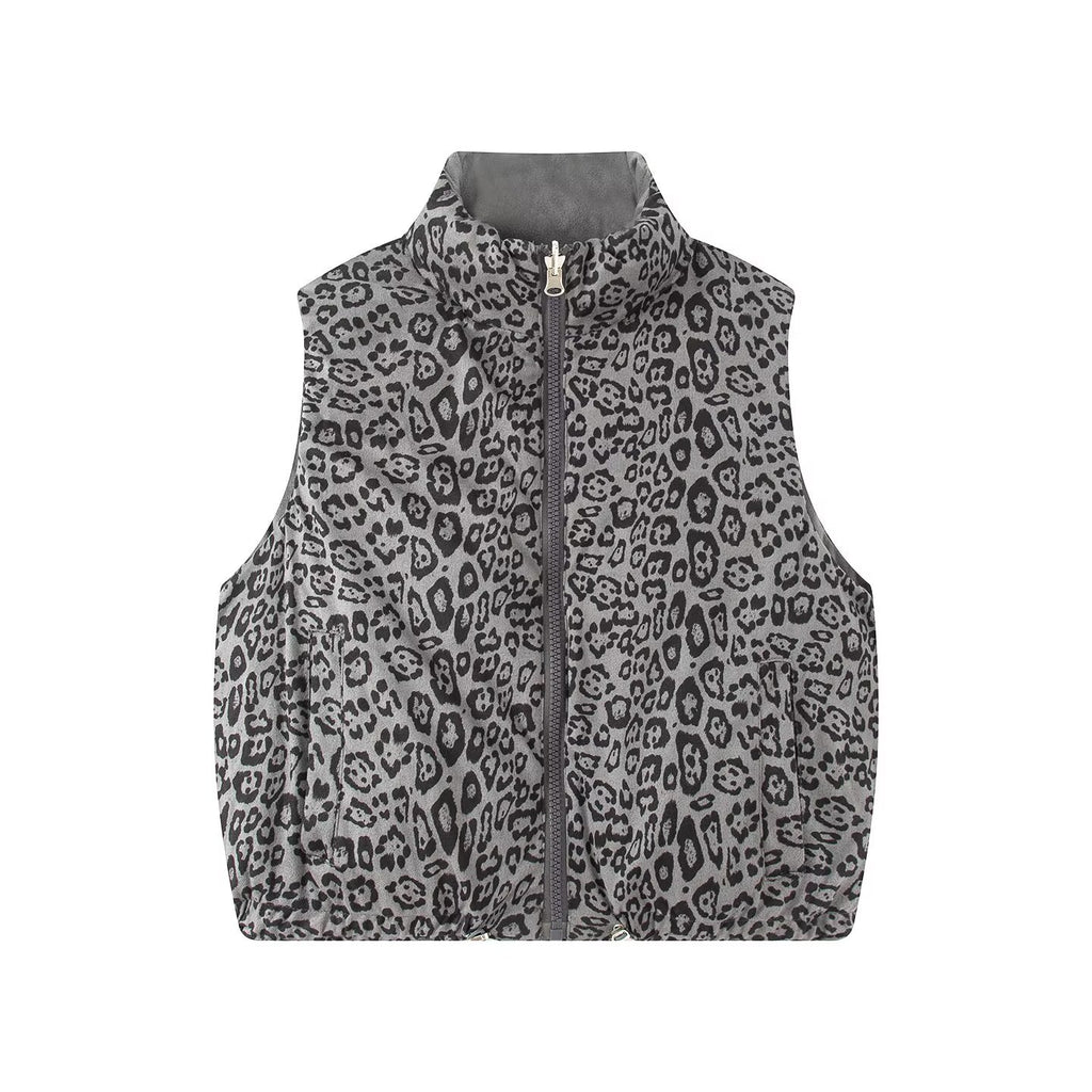 Quilted Puffer Vest Reversible Leopard Print - Grey - 1