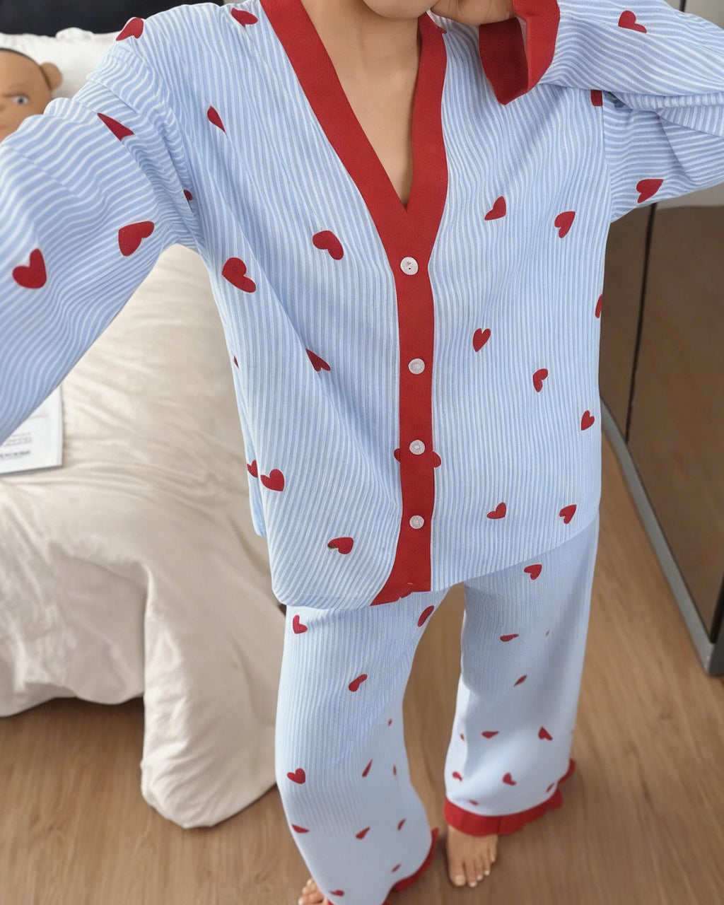 Contrast Trim Heart Print Button Pajama Set - Blue