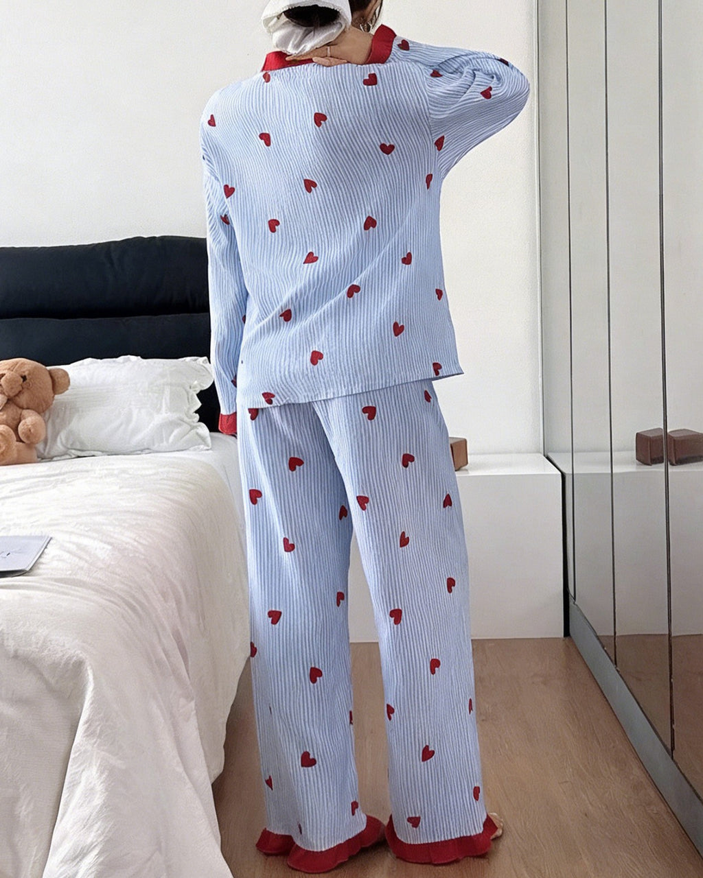 Contrast Trim Heart Print Button Pajama Set - Blue - 1
