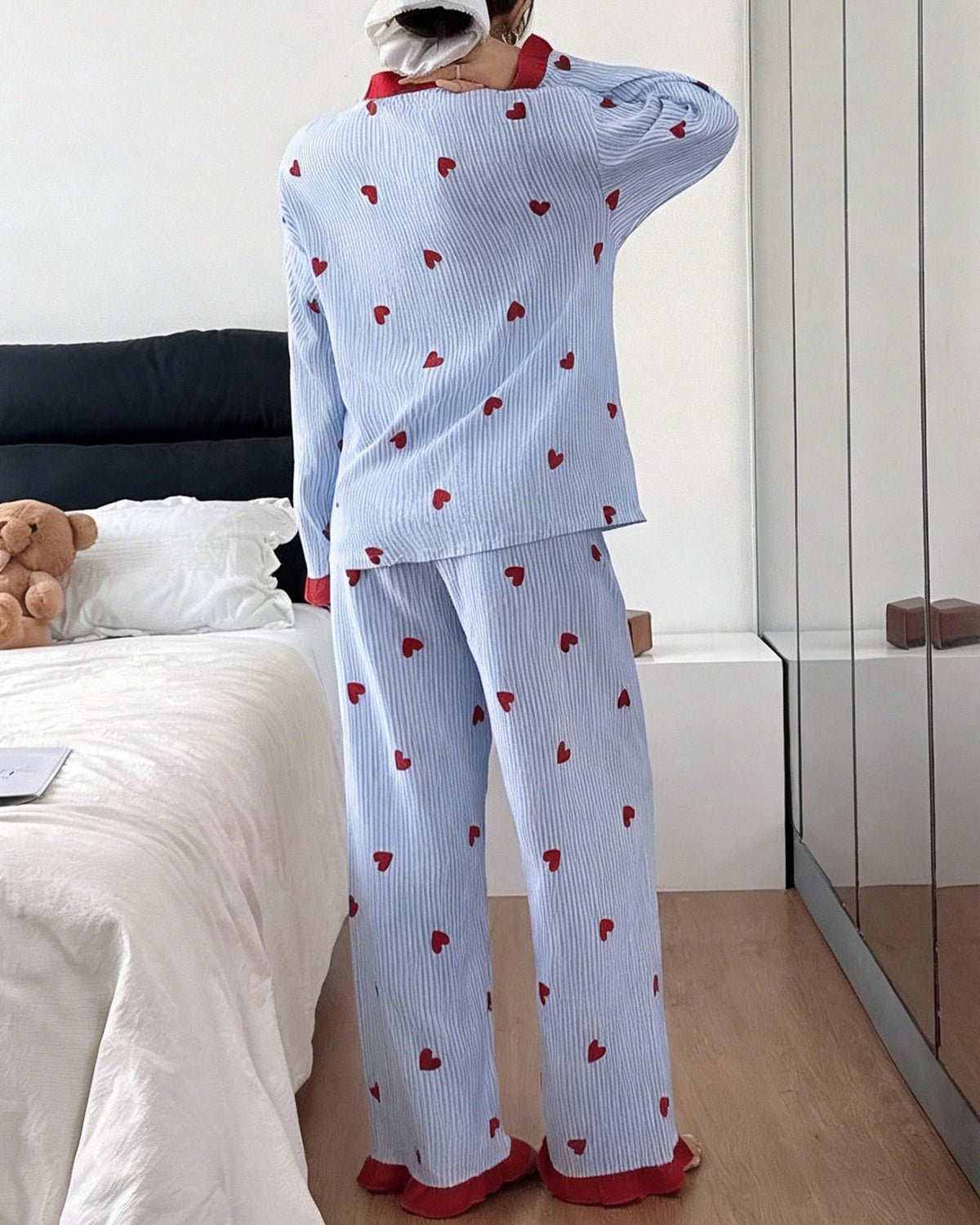 Contrast Trim Heart Print Button Pajama Set - Blue - 1