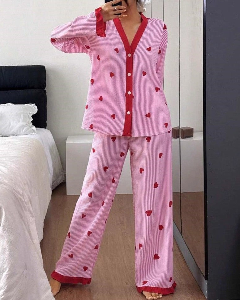 Contrast Trim Heart Print Button Pajama Set - Red