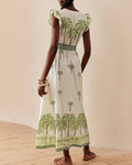 Palm Print Ruffle Sleeve Wrap Maxi Dress - Green