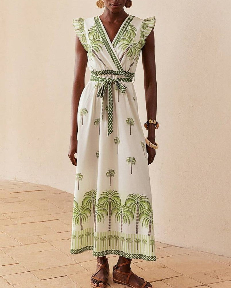 Palm Print Ruffle Sleeve Wrap Maxi Dress - Green - 1