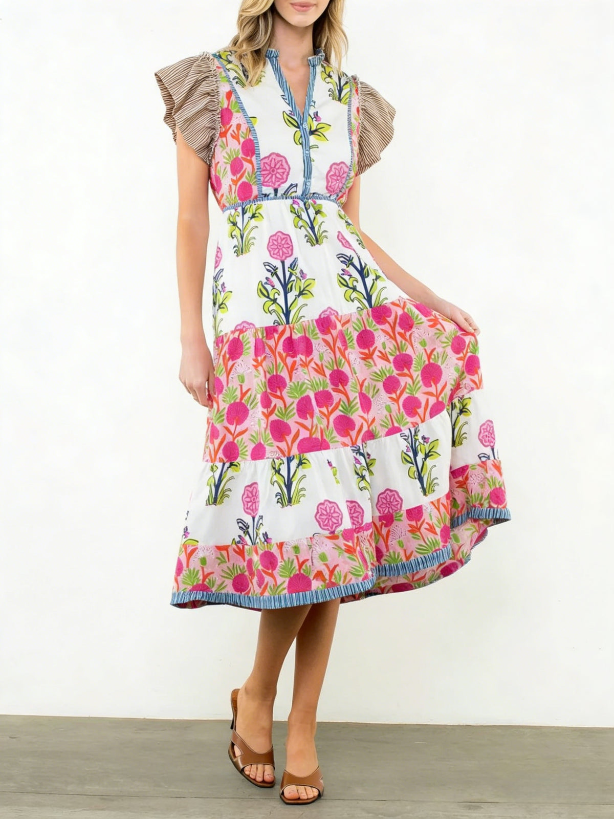 Tiered Floral Midi Dress With Flutter Sleeves - Floral
