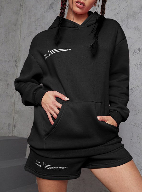 Hoodie and Drawstring Shorts Lounge Set - Black - 1