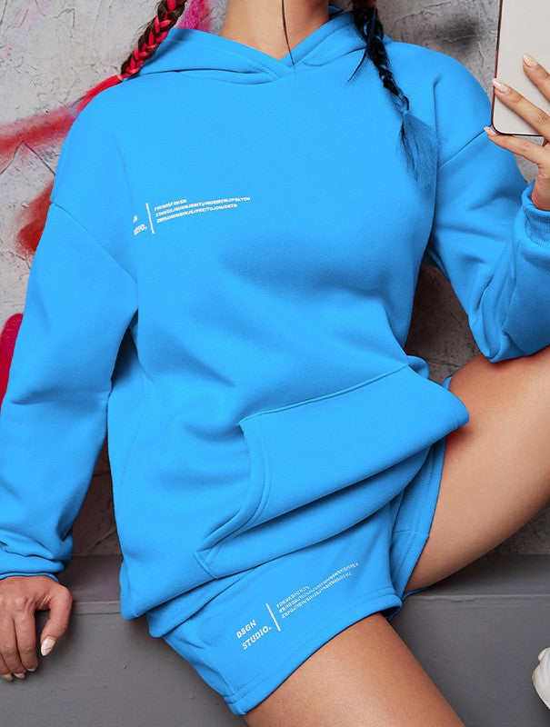 Hoodie and Drawstring Shorts Lounge Set - Blue - 2