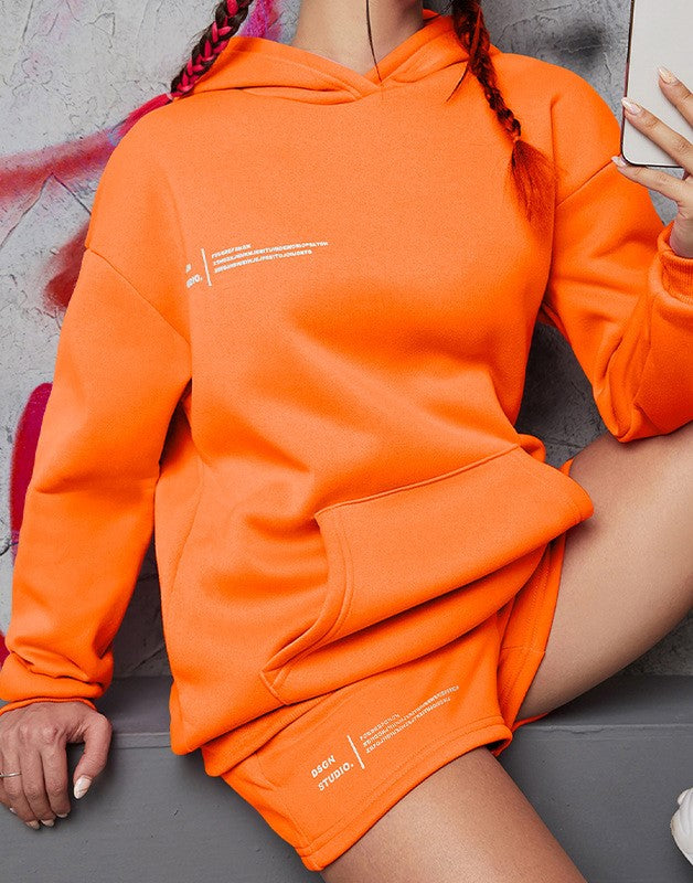 Hoodie and Drawstring Shorts Lounge Set - Orange - 1
