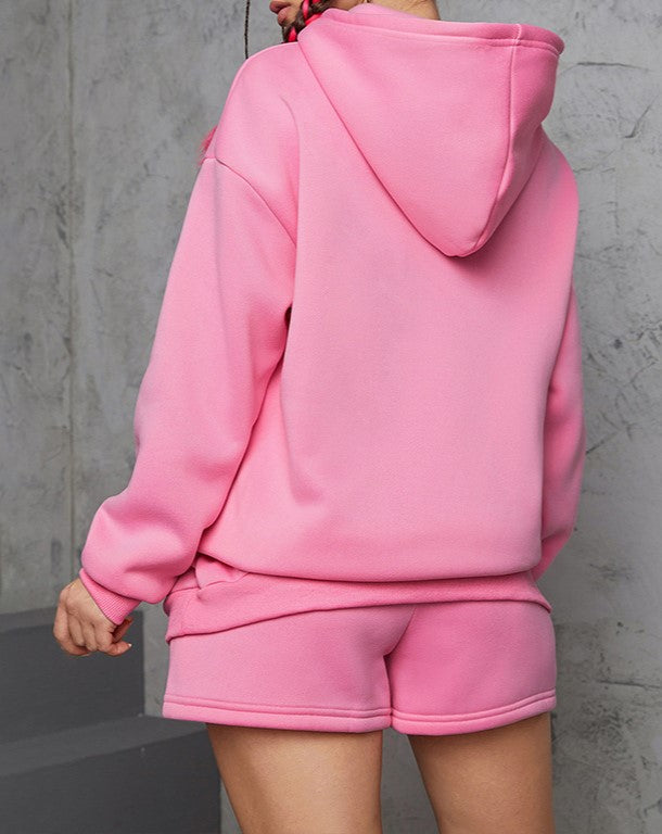 Hoodie and Drawstring Shorts Lounge Set - Pink - 6