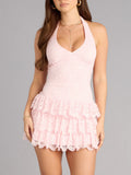 Scalloped Lace Tiered Halter Mini Dress - Pink
