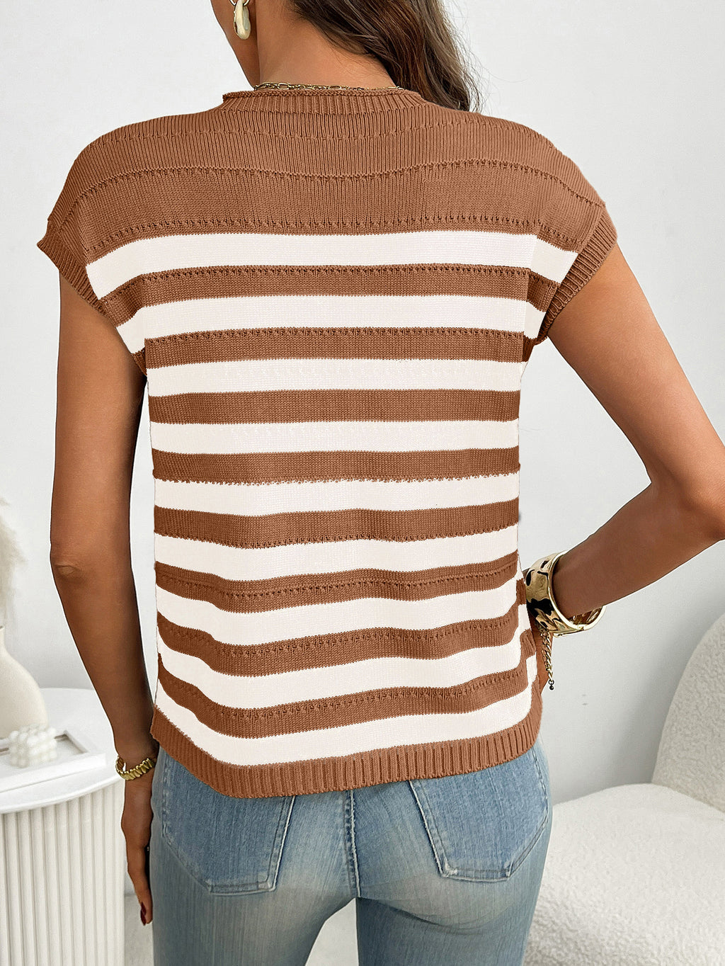 Striped Cap Sleeve Knit Pocket Top - Caramel - 1