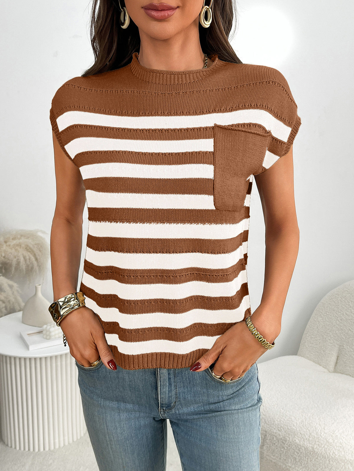 Striped Cap Sleeve Knit Pocket Top - Caramel - 2
