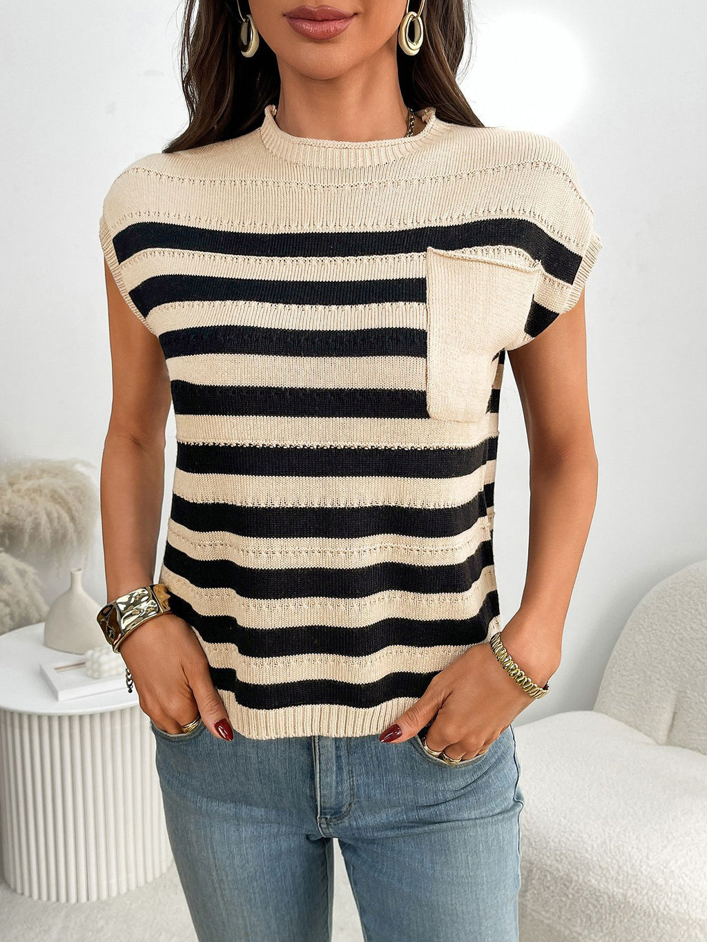 Striped Cap Sleeve Knit Pocket Top - Khaki - 2