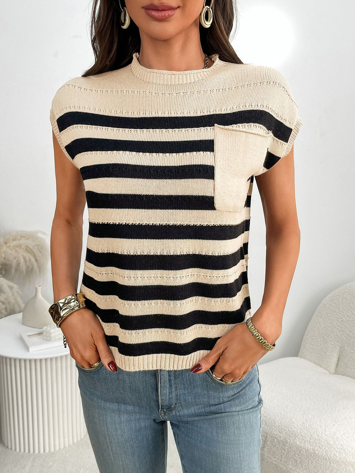 Striped Cap Sleeve Knit Pocket Top - Khaki - 2