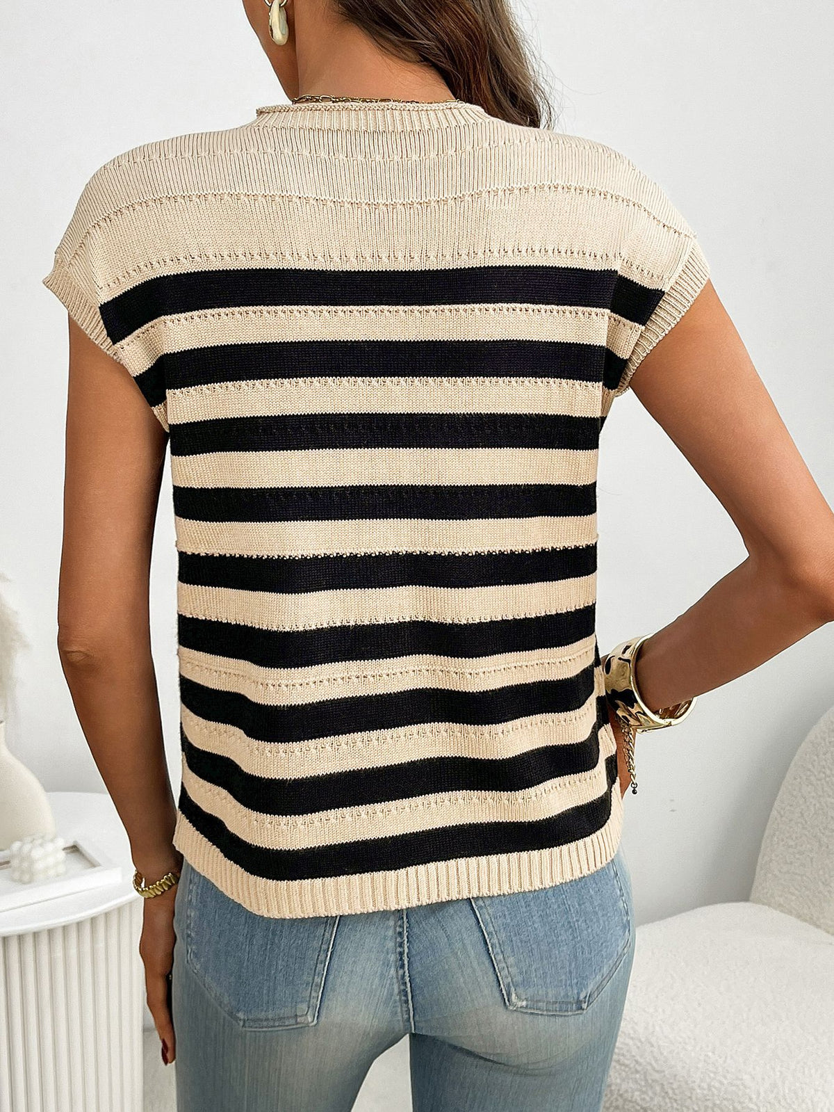 Striped Cap Sleeve Knit Pocket Top - Khaki - 4
