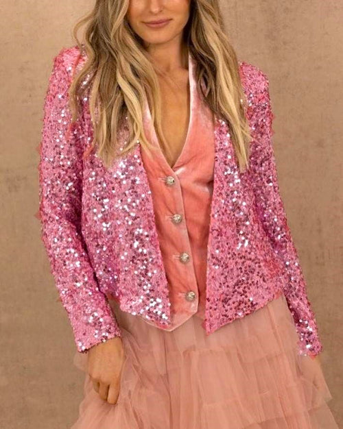 Allover Sequin Open Front Cropped Jacket - Pink