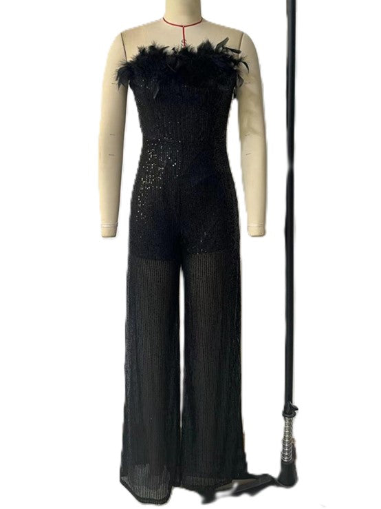 Sequin Feather Trim Strapless Jumpsuit - Black - 1