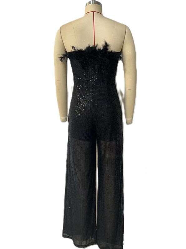 Sequin Feather Trim Strapless Jumpsuit - Black - 2