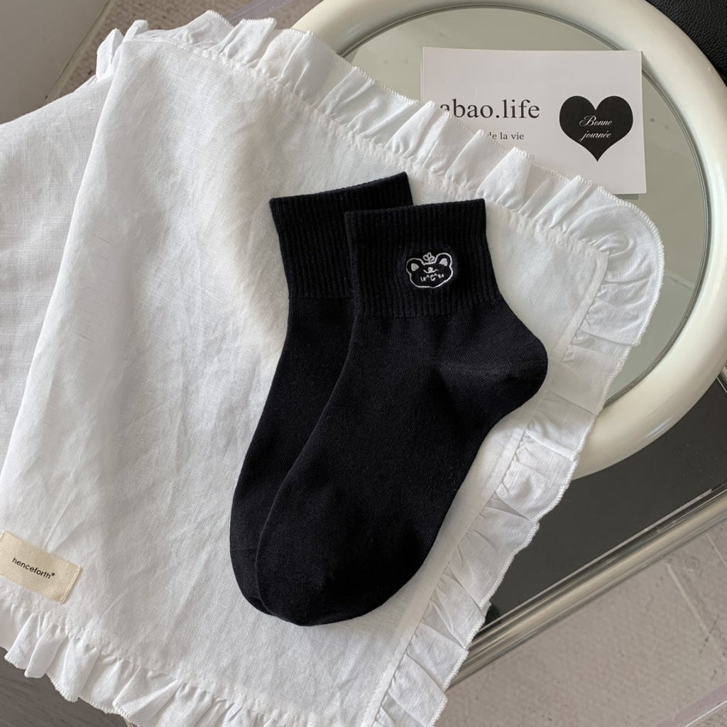 Bow And Heart Embroidered Ankle Socks - Black