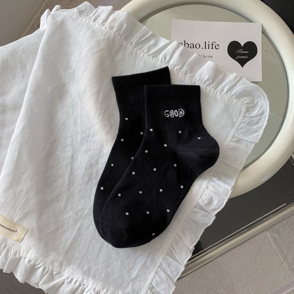Bow And Heart Embroidered Ankle Socks - Black_Dots