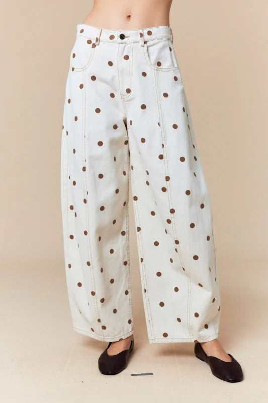 Polka Dot Barrel Leg Cotton Trousers - White - 1