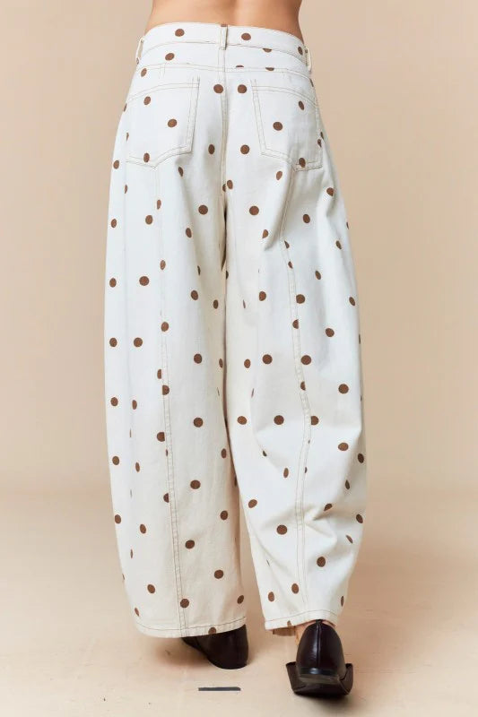 Polka Dot Barrel Leg Cotton Trousers - White - 2