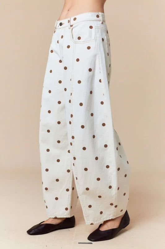 Polka Dot Barrel Leg Cotton Trousers - White - 3
