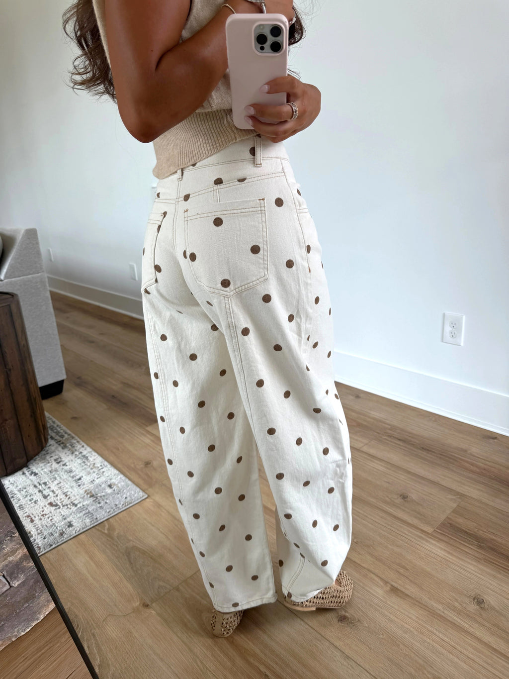 Polka Dot Barrel Leg Cotton Trousers - White - 4