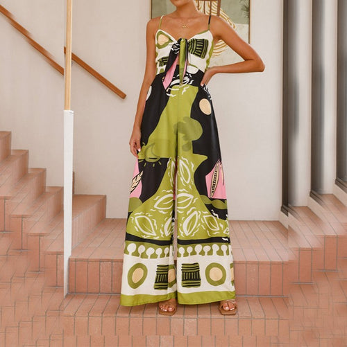 Abstract Print Wide Leg Strappy Jumpsuit - Green