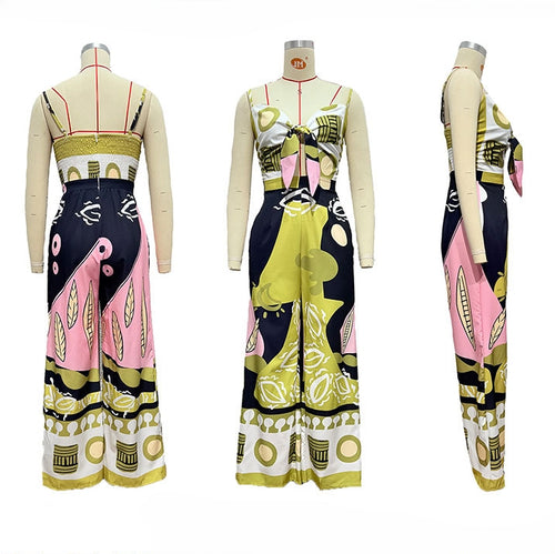 Abstract Print Wide Leg Strappy Jumpsuit - Green - 1