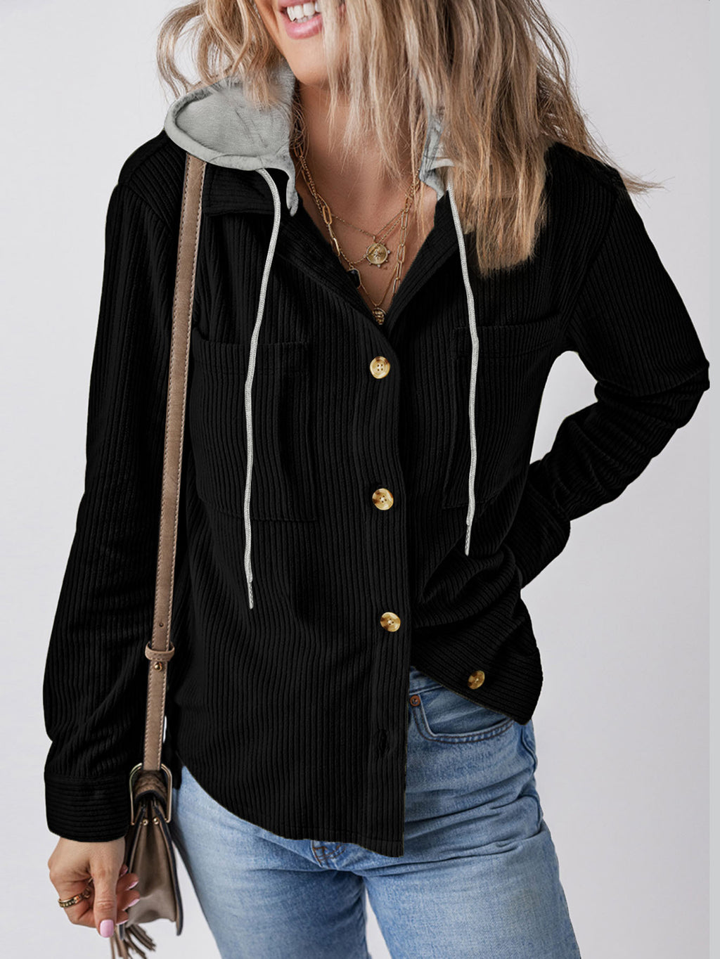 Corduroy Hooded Button Front Shacket - Black