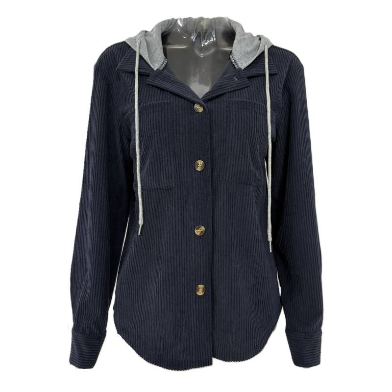Corduroy Hooded Button Front Shacket - DarkBlue