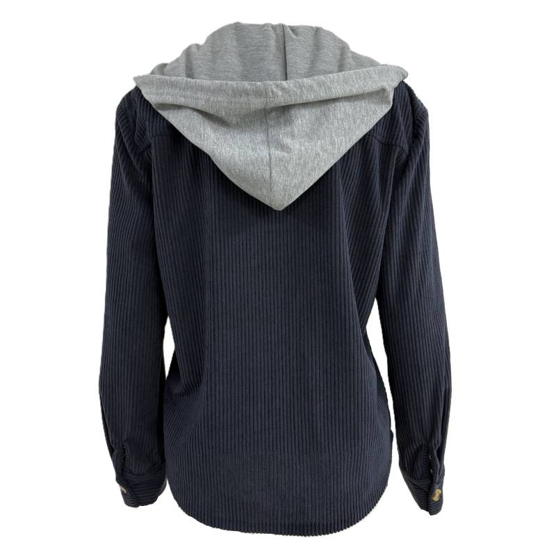 Corduroy Hooded Button Front Shacket - DarkBlue - 1