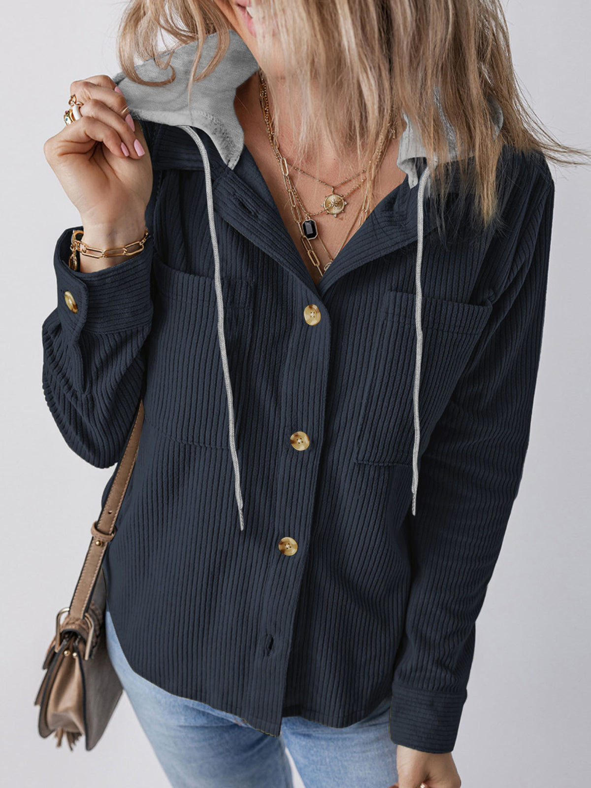 Corduroy Hooded Button Front Shacket - DarkBlue - 4