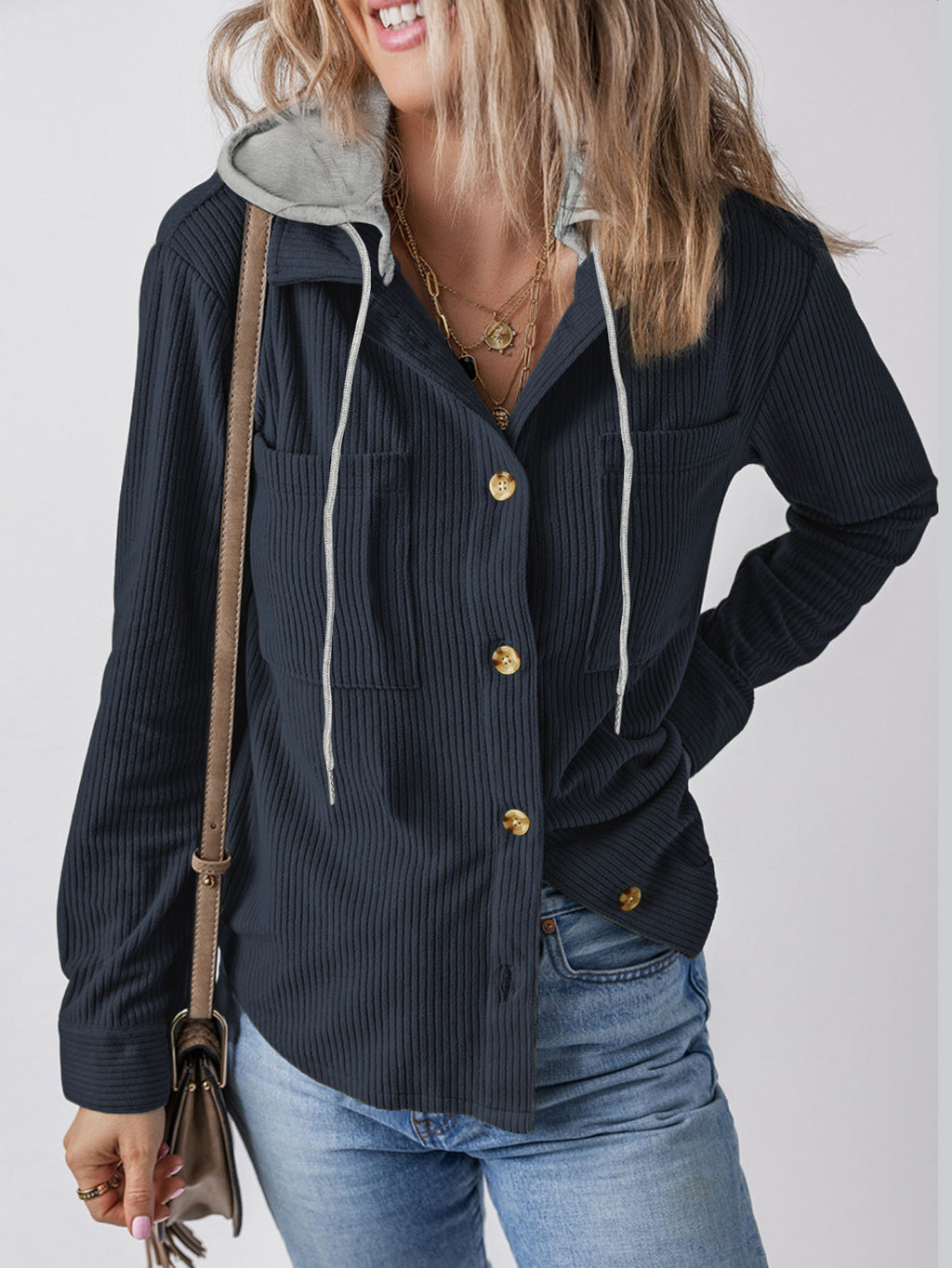 Corduroy Hooded Button Front Shacket - DarkBlue - 5